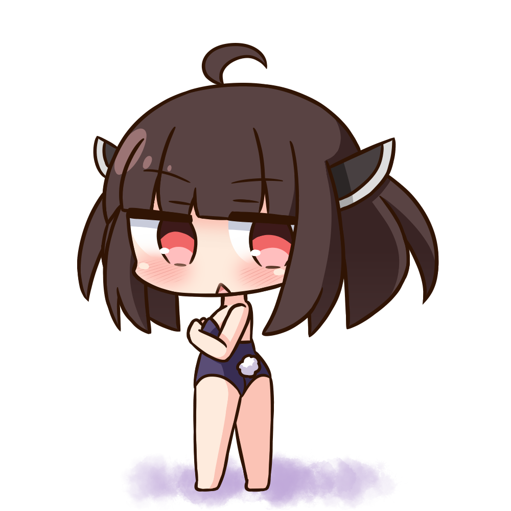 1girl :&lt; ahoge bare_arms bare_legs bare_shoulders barefoot blue_leotard blush brown_hair bunny_tail bunnysuit chibi commentary_request full_body hana_kazari hands_up headgear leotard long_hair looking_at_viewer looking_back parted_lips red_eyes solo strapless strapless_leotard tail touhoku_kiritan triangle_mouth voiceroid white_background