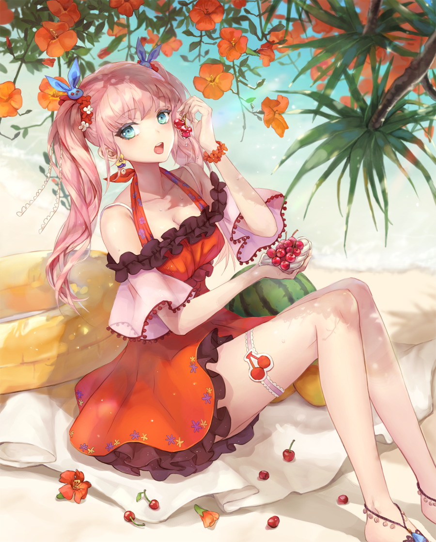1girl arm_up bangs bare_legs bare_shoulders beach blue_eyes blush bracelet breasts bunny_hair_ornament cherry cleavage clouds cloudy_sky detached_sleeves dress earrings flower food fruit garter_straps hair_between_eyes hair_flower hair_ornament hair_ribbon holding holding_food innertube jewelry long_hair looking_at_viewer off_shoulder open_mouth original outdoors palm_tree pink_hair puky red_dress ribbon sandals shaded_face short_sleeves sitting sky smile solo teeth tree trumpet_creeper twintails water_drop