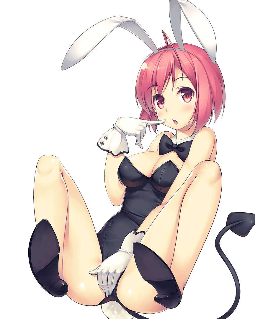 :o animal_ears bow bowtie bunnysuit daibouken!_yukeyuke_osawari_island demon_girl demon_tail eyebrows_visible_through_hair galette nontan pink_eyes pink_hair rabbit_ears shoes short_hair tail