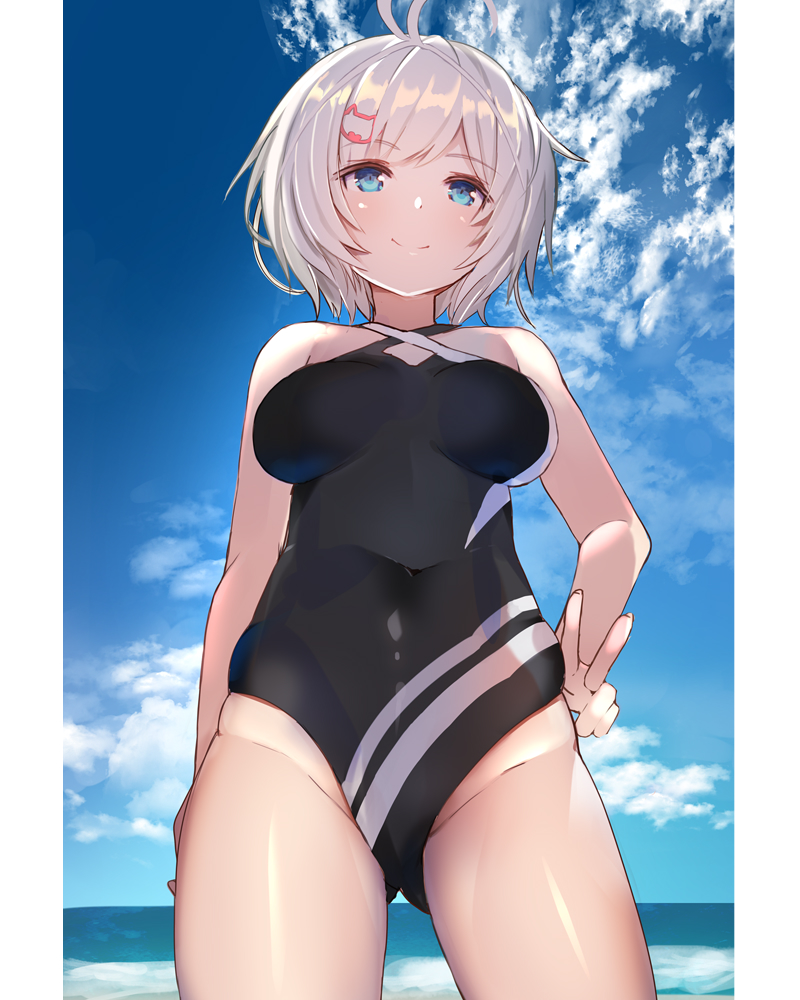 1girl bangs bare_arms bare_shoulders black_swimsuit blue_eyes blue_sky blush breasts closed_mouth clouds commentary_request covered_navel day dennou_shoujo_youtuber_shiro eyebrows_visible_through_hair fingernails groin hair_ornament horizon large_breasts looking_at_viewer ocean rk_(rktorinegi) shiro_(dennou_shoujo_youtuber_shiro) short_hair silver_hair sky smile solo standing swimsuit v virtual_youtuber water