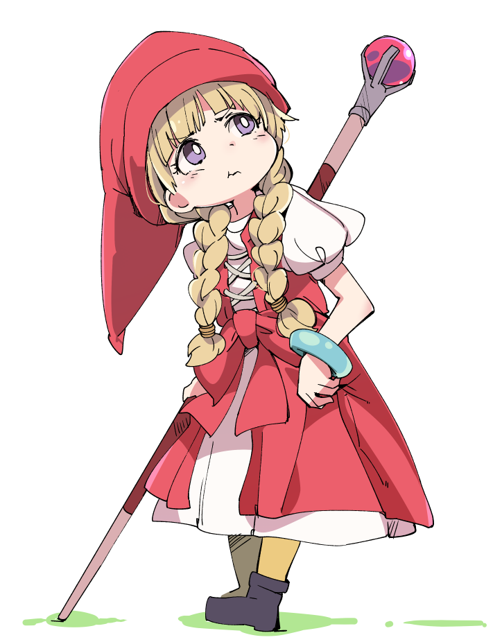 1girl :t blonde_hair braid child closed_mouth dragon_quest dragon_quest_xi dress hair_over_shoulder hat ixy long_hair looking_up pout pouty_lips red_dress red_hat simple_background solo staff standing twin_braids veronica_(dq11) violet_eyes white_background