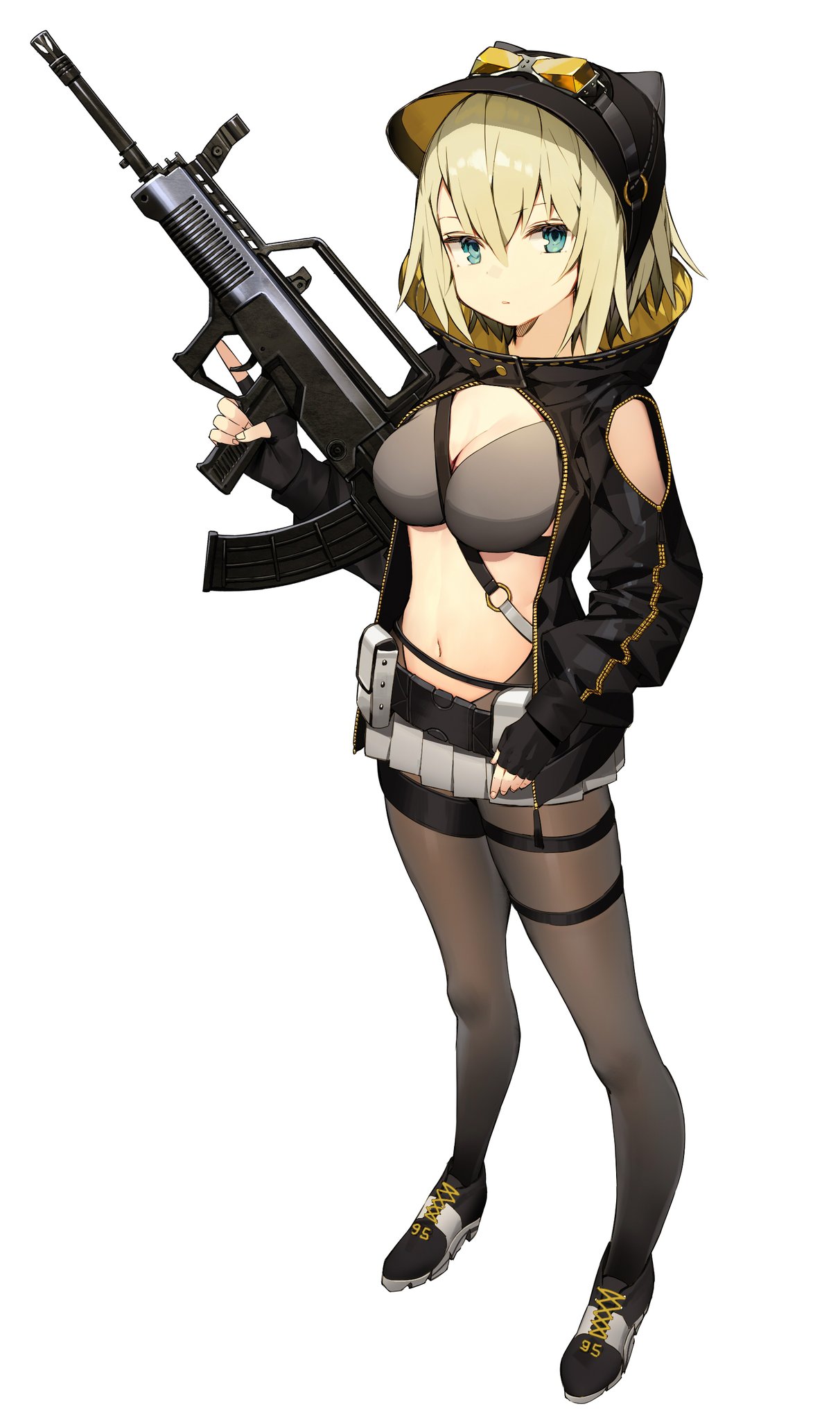 1girl assault_rifle belt black_gloves blonde_hair blue_eyes breasts cleavage cross-laced_footwear fingerless_gloves full_body gloves gun hair_between_eyes hat highres large_breasts looking_at_viewer microskirt misoni_comi navel original pantyhose parted_lips pleated_skirt revealing_clothes rifle simple_background skirt solo source_request standing trigger_discipline weapon white_background