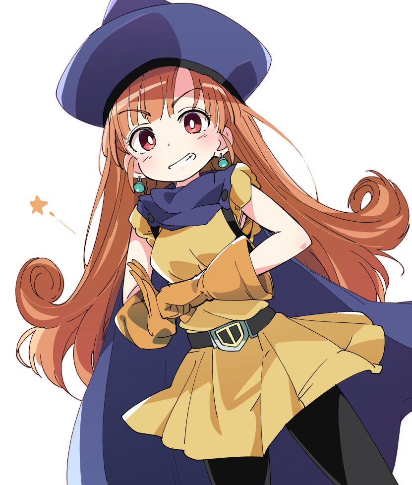 1girl alena_(dq4) bangs belt black_legwear blue_cape blue_hat blunt_bangs blush cape clenched_teeth curly_hair dragon_quest dragon_quest_iv earrings eyebrows_visible_through_hair gloves hat ixy jewelry long_hair looking_at_viewer orange_gloves orange_hair pantyhose red_eyes simple_background skirt smile solo star teeth white_background yellow_skirt