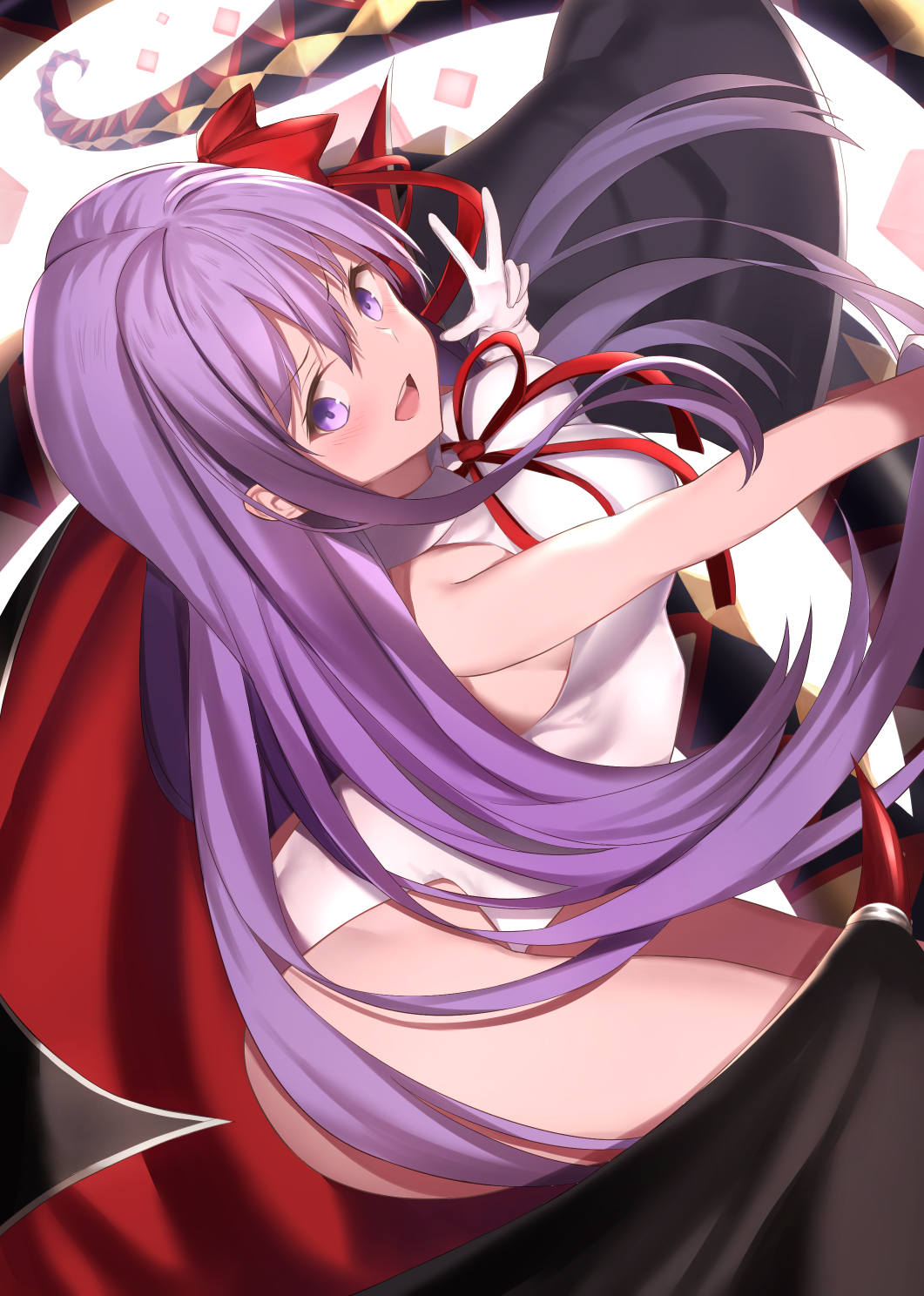 1girl bb_(fate)_(all) bb_(swimsuit_mooncancer)_(fate) blush breasts fate/grand_order fate_(series) gloves hair_ribbon highres long_hair looking_at_viewer maosame military military_uniform neck_ribbon open_mouth purple_hair red_ribbon ribbon sitting smile solo swimsuit uniform v very_long_hair violet_eyes white_gloves