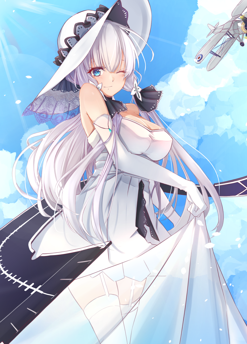 1girl ahoge anchor_symbol azur_lane bangs bare_shoulders blue_eyes blue_sky blush breasts choker cleavage clouds collarbone day dress elbow_gloves eyebrows_visible_through_hair flight_deck floating_hair garter_straps gloves hair_ornament hair_ribbon hands_together hat hinarioru illustrious_(azur_lane) jewelry lace-trimmed_hat large_breasts light_particles long_hair looking_at_viewer low_twintails mole mole_under_eye one_eye_closed outdoors pendant ribbon sapphire_(stone) see-through sky smile solo sparkle strapless strapless_dress sun_hat thigh-highs thighs tress_ribbon twintails water_drop white_dress white_gloves white_hair white_hat wind wind_lift