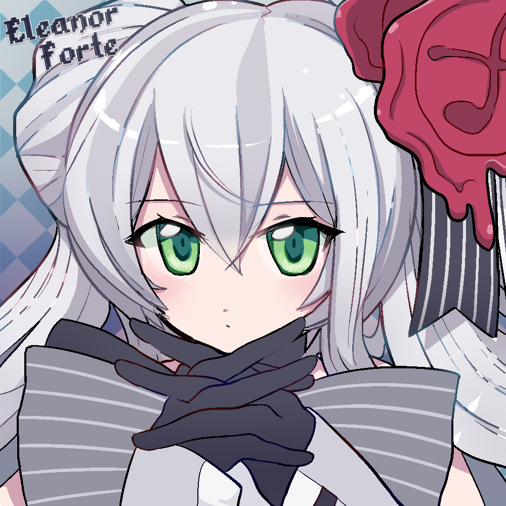 1girl black_gloves blue_background character_name checkered checkered_background eleanor_forte gloves green_eyes hair_ornament interlocked_fingers lavie_(bansheestrikes) long_hair looking_at_viewer silver_hair solo synthesizer_v