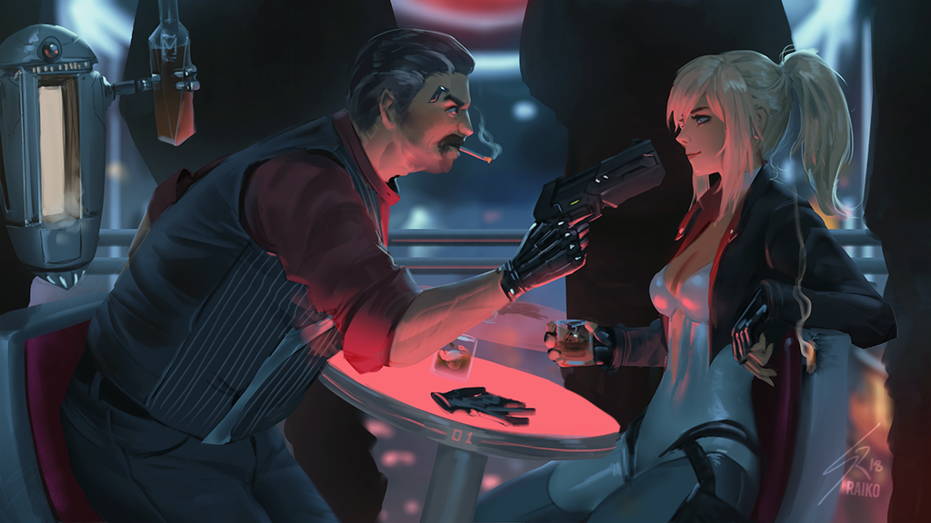 1girl 5boys blonde_hair blue_eyes blurry blurry_background breasts bullet_hole chair choker cleavage commentary cropped_jacket drink english_commentary fingerless_gloves gloves gloves_removed gun handgun leotard long_hair looking_at_another medium_breasts multiple_boys original pale_skin ponytail prosthesis prosthetic_hand raikoart robot signature sitting sleeves_rolled_up smile smoking standing table tess_turner tumbler weapon white_leotard