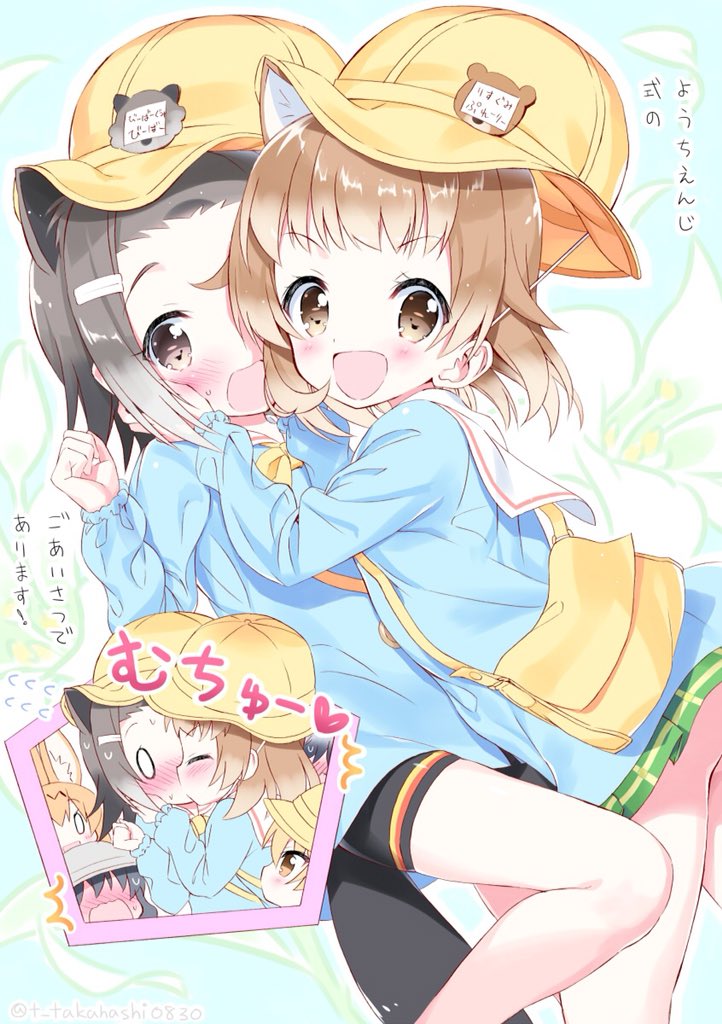 0_0 6+girls american_beaver_(kemono_friends) animal_ears badge bag bike_shorts black-tailed_prairie_dog_(kemono_friends) black_shorts blue_shirt blush brown_eyes brown_hair cat_ears cat_tail commentary_request ezo_red_fox_(kemono_friends) flying_sweatdrops green_skirt hair_ornament hairclip hands_on_another's_face hat kaban_(kemono_friends) kemono_friends kindergarten_uniform kiss multiple_girls open_mouth out-of-frame_censoring school_hat serval_(kemono_friends) serval_ears shirt short_hair shorts silver_fox_(kemono_friends) skirt smile tail takahashi_tetsuya translated yellow_hat yuri