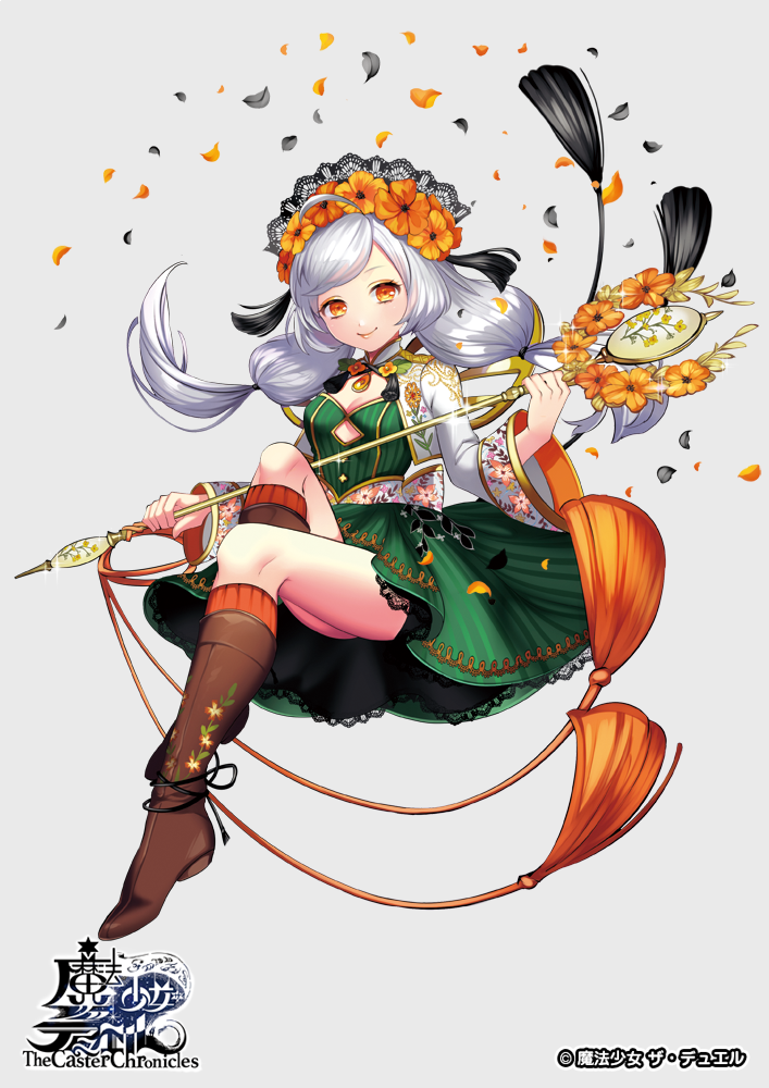 1girl ahoge boots breasts brown_footwear cleavage copyright_name dress floral_print flower full_body gem green_dress grey_background hair_flower hair_ornament holding holding_staff invisible_chair knee_boots knee_up long_hair long_sleeves low-tied_long_hair matsurika_youko official_art orange_eyes simple_background sitting small_breasts smile staff the_caster_chronicles twintails watermark white_hair