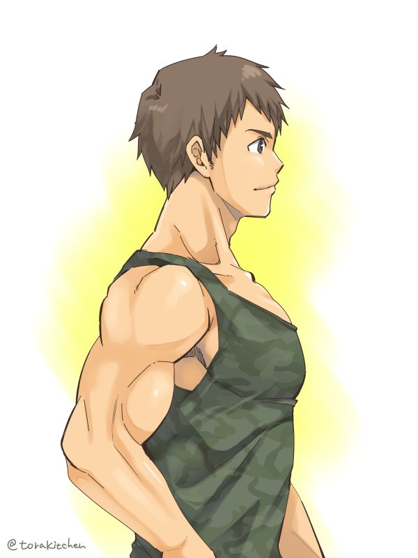 1boy biceps brown_hair camouflage camouflage_tank_top from_side idolmaster idolmaster_side-m male_focus muscle shingen_seiji short_hair simple_background smile solo tank_top torakichi_(ebitendon) twitter_username upper_body very_short_hair