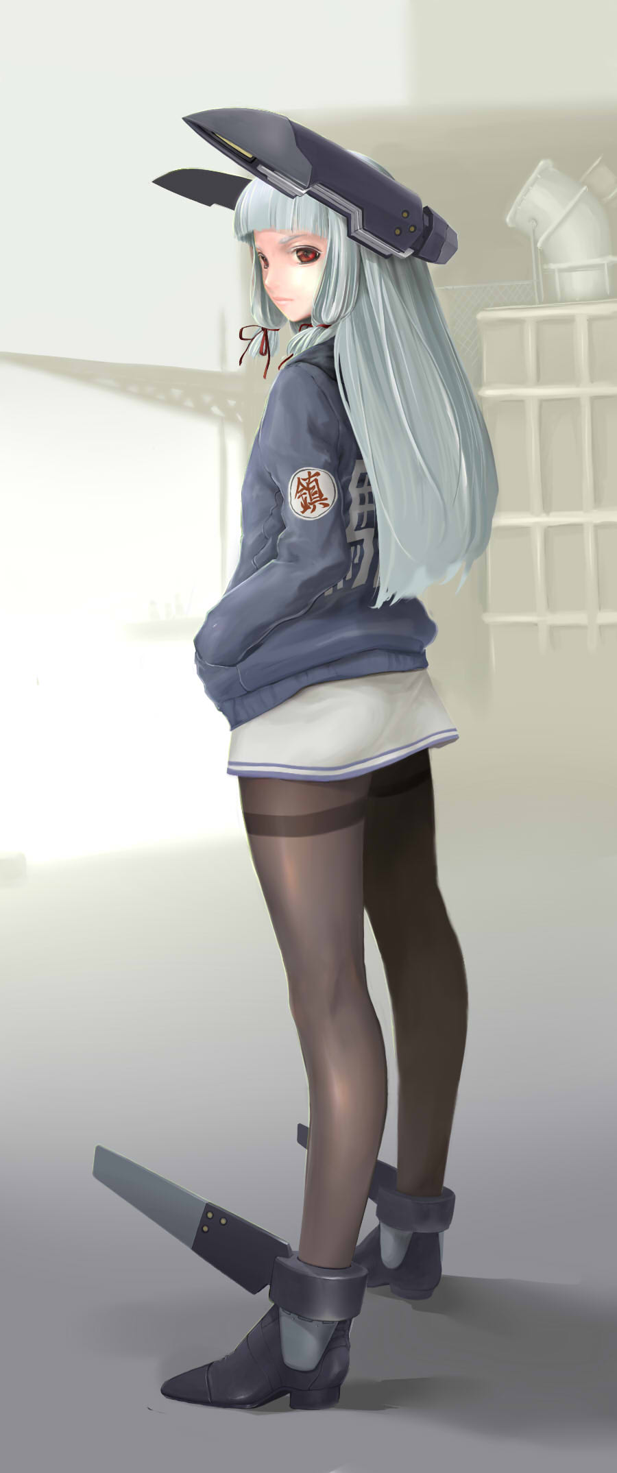 1girl bangs blunt_bangs brown_legwear closed_mouth commentary_request dress expressionless from_side full_body hair_ribbon hands_in_pockets headgear high_heels highres juubaori_mashumaro kantai_collection long_hair long_sleeves looking_at_viewer looking_to_the_side murakumo_(kantai_collection) outdoors pantyhose realistic red_ribbon ribbon rudder_shoes sailor_dress short_dress sidelocks solo standing straight_hair thick_eyebrows thighband_pantyhose white_dress