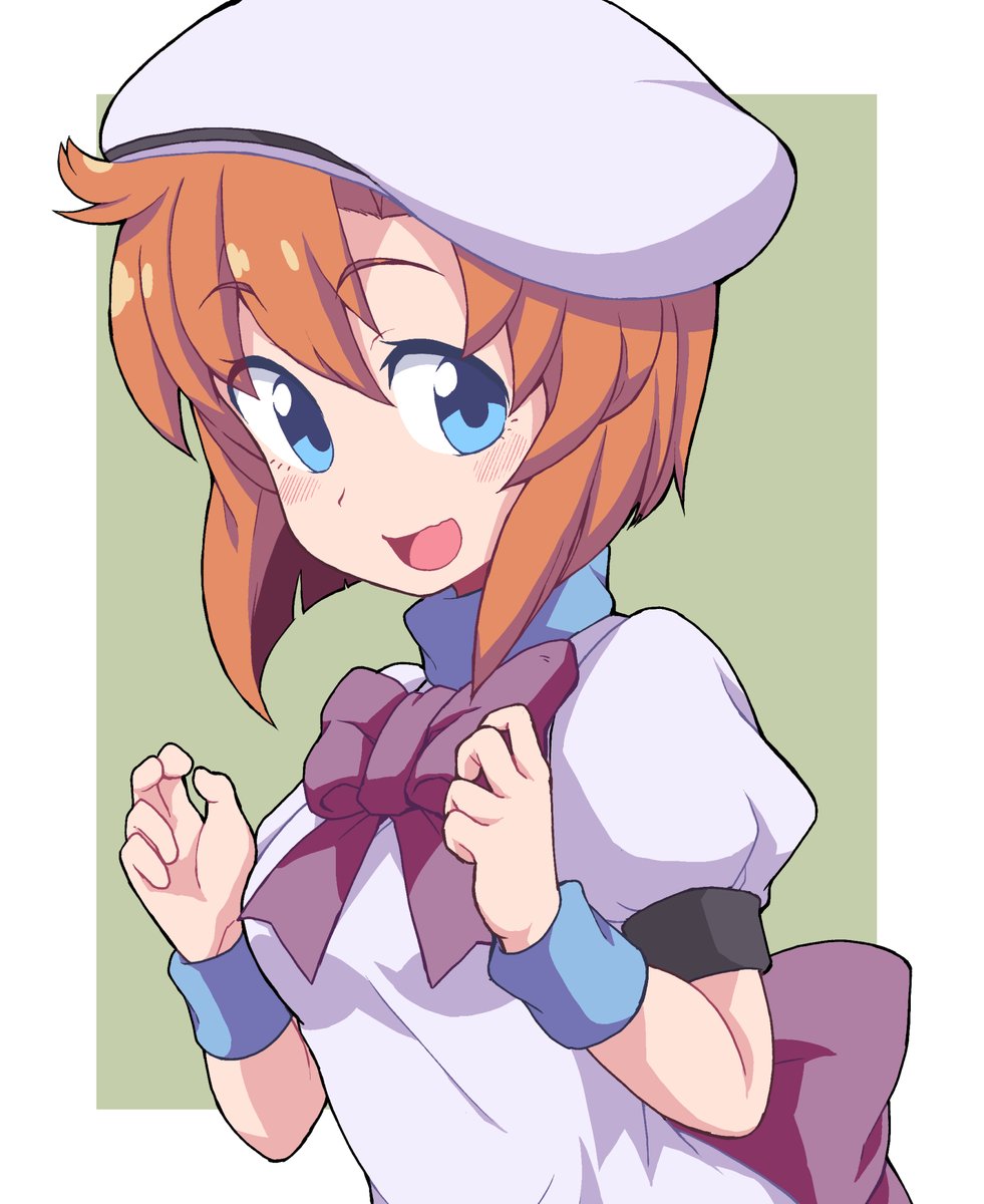 1girl blue_eyes blush bow breasts brown_bow brown_hair eyebrows_visible_through_hair hat highres higurashi_no_naku_koro_ni looking_at_viewer medium_breasts nazonazo_(nazonazot) open_mouth puffy_short_sleeves puffy_sleeves ryuuguu_rena short_hair short_sleeves smile solo upper_body white_hat