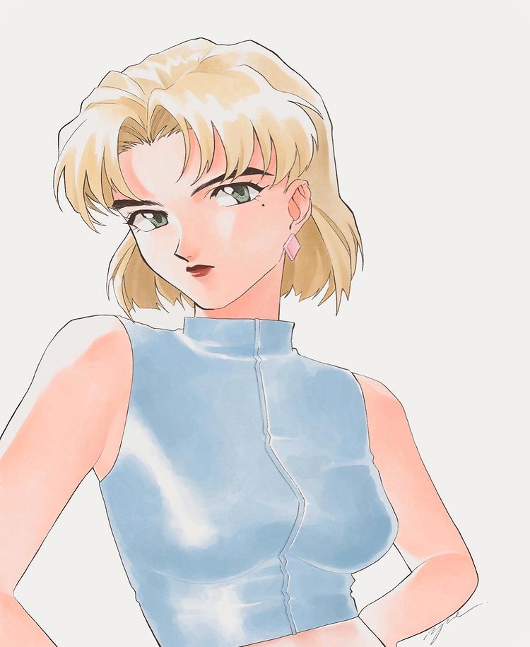 1990s_(style) 1girl akagi_ritsuko bangs blonde_hair breasts crop_top earrings english_commentary green_eyes head_tilt jewelry lipstick makeup medium_breasts mole mole_under_eye neon_genesis_evangelion parted_bangs portrait red_lips retro_artstyle short_hair solo yue_(yung_n_dum_)