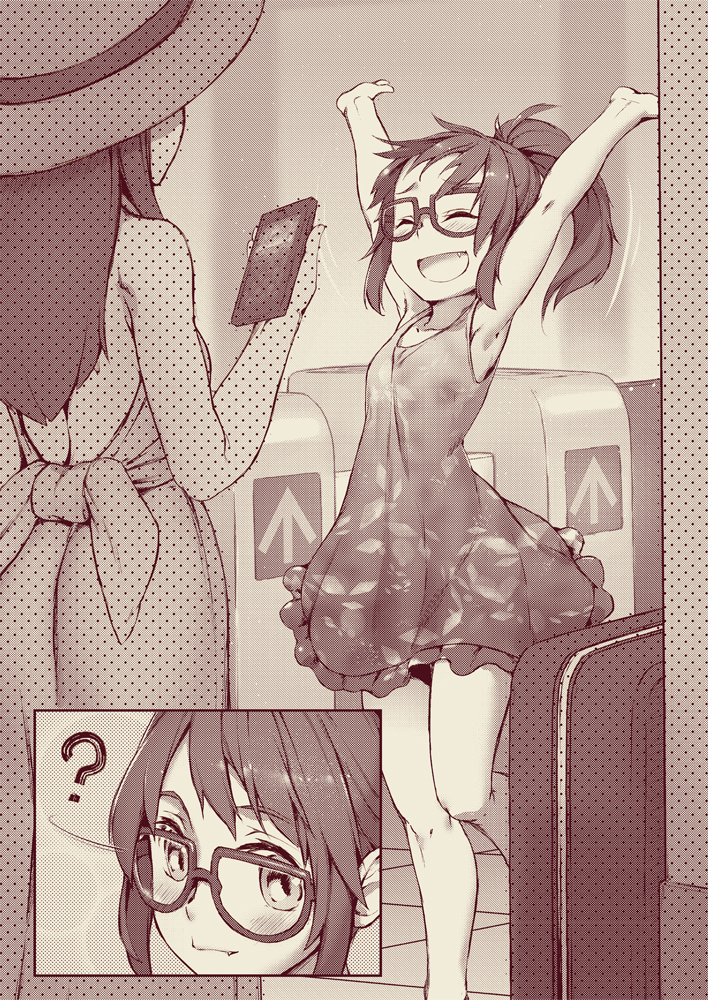 2girls ? ^_^ ^o^ airport armpits arms_up backless_dress backless_outfit bangs bare_arms bare_shoulders blush closed_eyes closed_eyes collarbone comic commentary dress eyebrows_visible_through_hair facing_away facing_viewer fang fang_out glasses hat high_ponytail holding holding_phone long_dress looking_at_viewer monochrome motion_lines multiple_girls open_mouth original outstretched_arms phone ponytail print_dress rolling_suitcase rotix shiny shiny_hair short_dress sidelocks silent_comic sleeveless sleeveless_dress smile standing standing_on_one_leg sun_hat