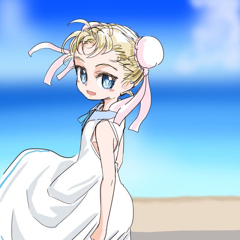 1girl blonde_hair blue_eyes bun_cover chrono_cross clouds commentary_request double_bun dress looking_at_viewer marcy_(chrono_cross) outdoors s-a-murai short_hair sky smile solo standing