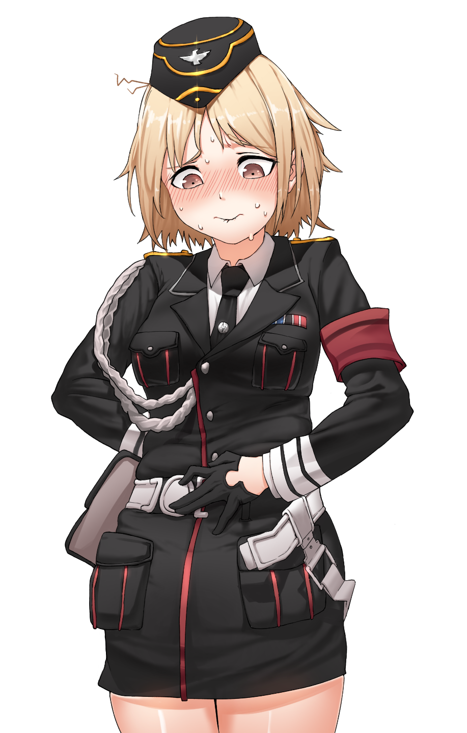 1girl armband belt biting blonde_hair blush brown_eyes collared_shirt commentary_request girls_frontline hat highres korean_commentary lip_biting long_sleeves military mp40_(girls_frontline) necktie sd_bigpie shirt simple_background skirt sweat sweating_profusely uniform weight_conscious white_background