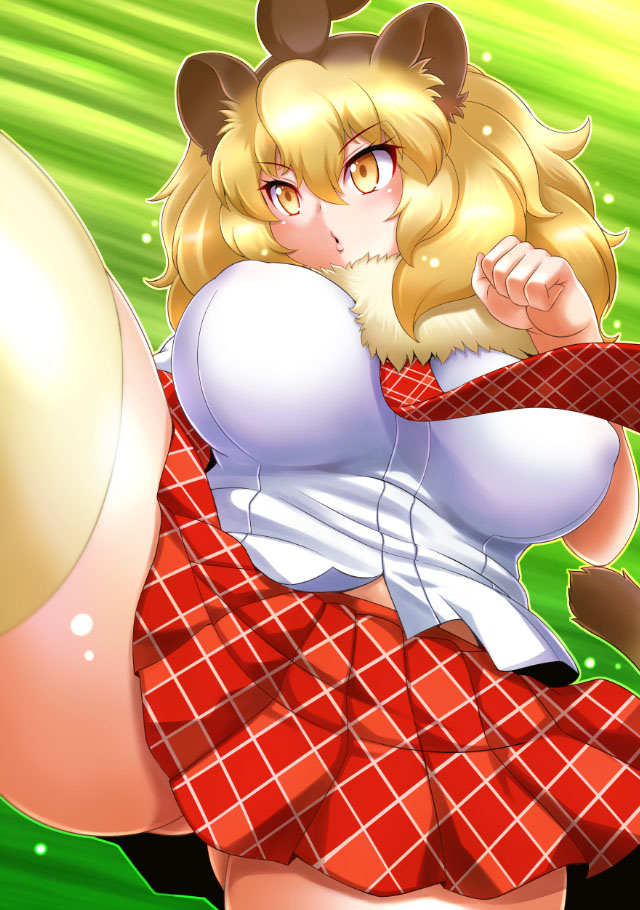 1girl animal_ears ass_visible_through_thighs bangs bare_arms blonde_hair breasts brown_eyes brown_hair clenched_hand commentary_request covered_nipples eyebrows_visible_through_hair fur_collar hair_between_eyes hand_up impossible_clothes impossible_shirt kemono_friends kittan_(cve27426) large_breasts leg_up lion_(kemono_friends) lion_ears lion_tail long_hair looking_afar multicolored_hair necktie open_mouth parted_lips plaid plaid_neckwear plaid_skirt shirt short_sleeves skirt solo speed_lines spread_legs tail thigh-highs tsurime two-tone_hair upper_body white_shirt yellow_legwear zettai_ryouiki