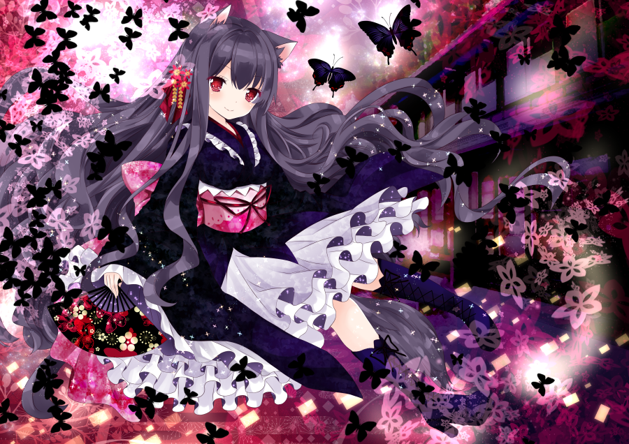 1girl animal animal_ears bangs blush boots bug building butterfly cat_ears closed_mouth commentary_request eyebrows_visible_through_hair fan flower folding_fan frilled_kimono frills grey_hair hair_between_eyes hair_flower hair_ornament head_tilt high_heels holding holding_fan insect japanese_clothes kimono knee_boots long_hair long_sleeves looking_at_viewer nanase_kureha nanase_nao obi original purple_footwear purple_kimono red_eyes red_flower sash sleeves_past_wrists smile solo very_long_hair wide_sleeves