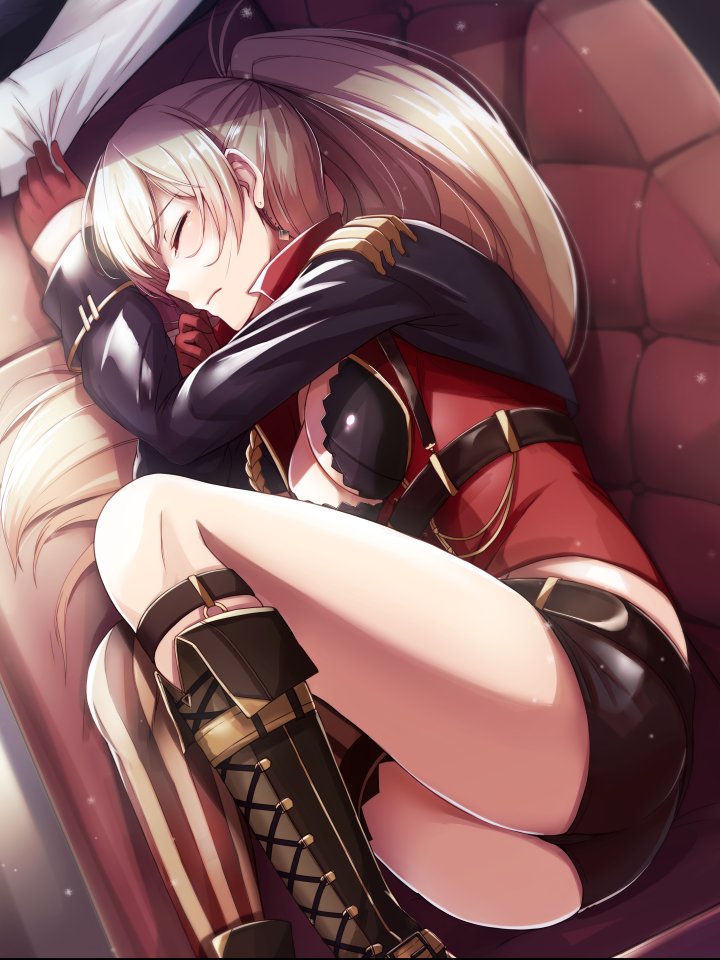1boy 1girl anchor_symbol ass azur_lane bangs belt blush boots breasts brown_hair choker cleavage closed_eyes couch curled_up earrings eyebrows_visible_through_hair gloves hair_between_eyes hiruno jacket jean_bart_(azur_lane) jewelry knee_boots long_hair long_sleeves lying medium_breasts on_couch on_side ponytail red_legwear shirt_tug short_shorts shorts single_thighhigh skull sleeping striped striped_legwear thigh-highs thighs