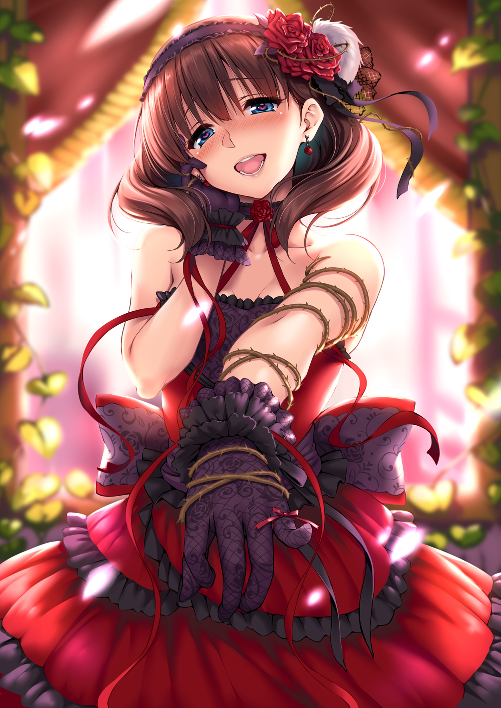 1girl backlighting bangs bare_shoulders black_gloves blue_eyes blush breasts brown_hair collarbone dress earrings floral_print flower gloves hair_flower hair_ornament hairband hand_on_own_cheek heart heart-shaped_pupils highres idolmaster idolmaster_cinderella_girls idolmaster_cinderella_girls_starlight_stage jewelry large_breasts looking_at_viewer medium_breasts open_mouth outstretched_arm pinky_out piromizu red_dress red_ribbon ribbon rose sakuma_mayu short_hair smile solo stenciled_rose symbol-shaped_pupils thorns