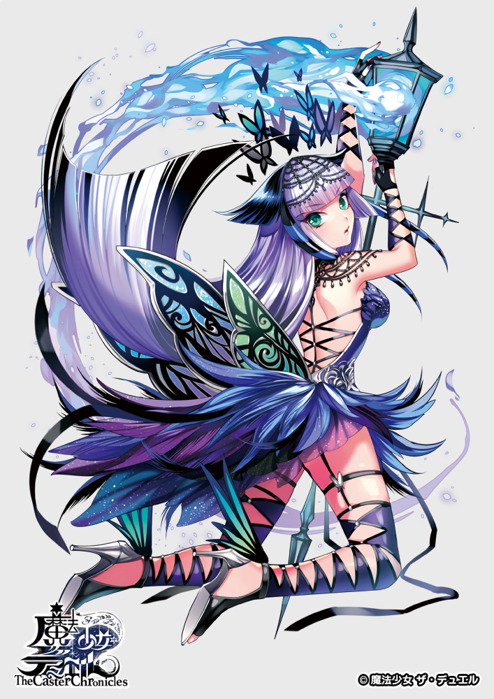 1girl aqua_eyes arms_up backless_outfit bangs bare_shoulders black_gloves black_hair blue_fire blunt_bangs breasts bug butterfly butterfly_wings copyright_name fingerless_gloves fire full_body garter_straps gloves grey_background hair_ornament high_heels holding_lantern insect kneeling lantern looking_back matsurika_youko medium_breasts multicolored_hair nail_polish official_art purple_hair purple_legwear purple_nails purple_skirt simple_background skirt the_caster_chronicles two-tone_hair watermark wings