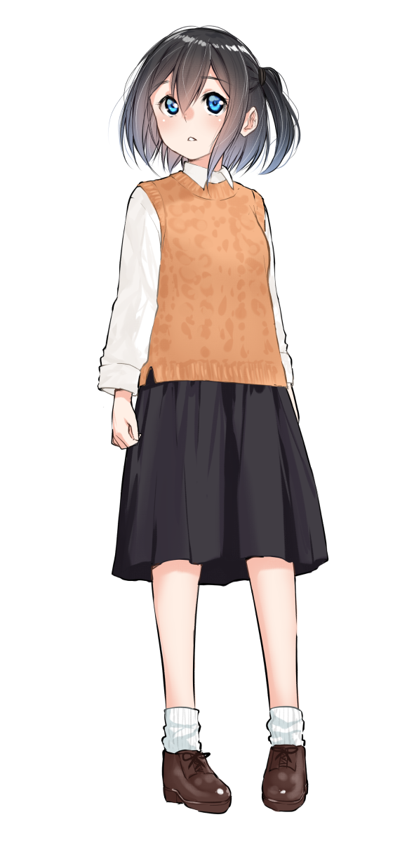 1girl bangs black_hair black_skirt blue_eyes blush brown_footwear collared_shirt commentary_request eyebrows_visible_through_hair full_body hair_between_eyes highres long_sleeves one_side_up original pleated_skirt shirt shoes short_hair simple_background skirt socks solo standing suzunari_shizuku sweater_vest white_background white_legwear white_shirt yuki_arare