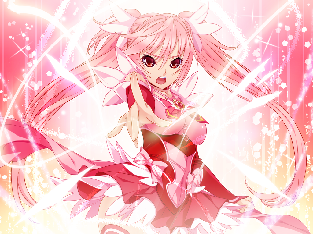 1girl bow brooch choker clenched_hand cowboy_shot dodai_shouji dress game_cg jewelry kuwashima_hikari long_hair looking_at_viewer magical_girl miniskirt open_mouth outstretched_hand pink pink_background pink_bow pink_dress pink_hair red_eyes red_neckwear serious skirt solo totsuzen_kaijin_ken_jimuin_no_ore_ga_mahou_shoujo-tachi_wo_otosu_hanashi twintails wrist_cuffs