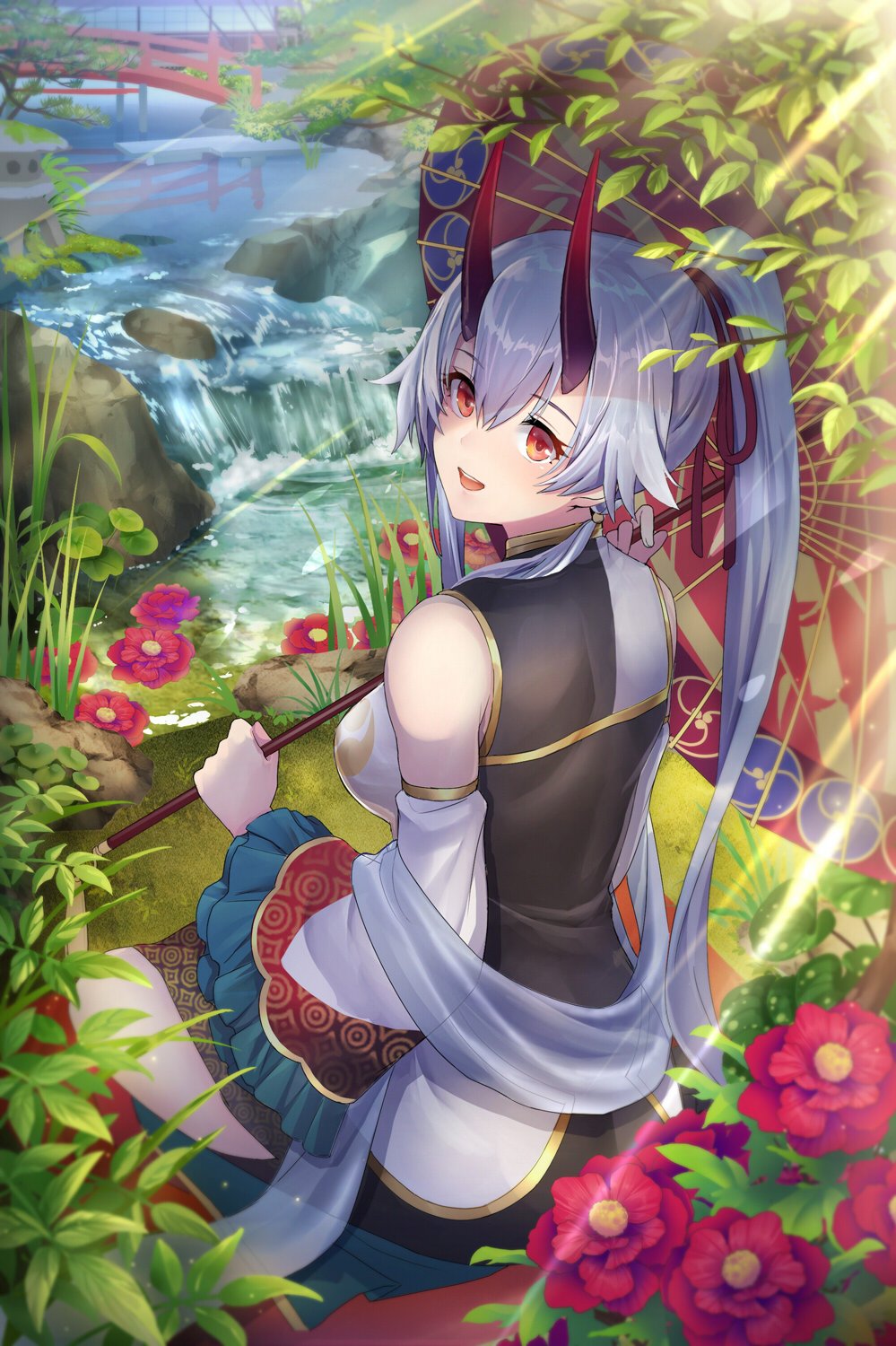 1girl breasts bridge china_dress chinese_clothes commentary_request dress fate/grand_order fate_(series) floral_background hair_ribbon head_tilt highres holding holding_umbrella large_breasts long_hair looking_at_viewer nature oni_horns pantsu_majirou red_eyes red_ribbon ribbon river silver_hair sitting smile solo tomoe_(symbol) tomoe_gozen_(fate/grand_order) umbrella water waterfall