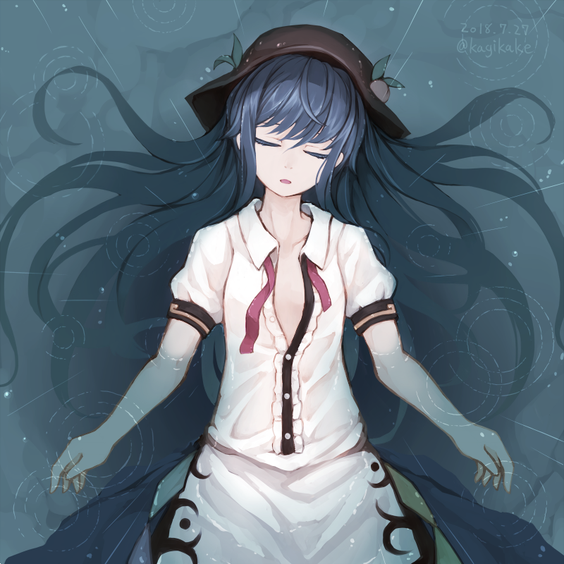 1girl afloat artist_name black_hat blouse blue_hair blue_skirt closed_eyes collarbone commentary_request cowboy_shot dated from_above hair_spread_out hat hinanawi_tenshi kazaguruma long_hair lying neck_ribbon on_back parted_lips partially_submerged partially_unbuttoned puffy_short_sleeves puffy_sleeves rain red_neckwear red_ribbon ribbon ripples shirt short_sleeves skirt solo sun_hat touhou twitter_username untied water water_drop white_blouse white_shirt