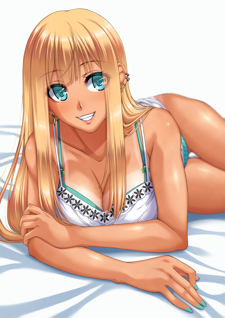 1girl :d aqua_bra aqua_eyes aqua_nails bare_arms bare_shoulders bed_sheet blonde_hair bra breasts camisole chiro cleavage commentary_request ear_clip eyebrows_visible_through_hair eyes_visible_through_hair grin large_breasts long_hair looking_at_viewer lying nail_polish open_mouth original panties revision smile solo tan tanline teeth thigh_gap underwear