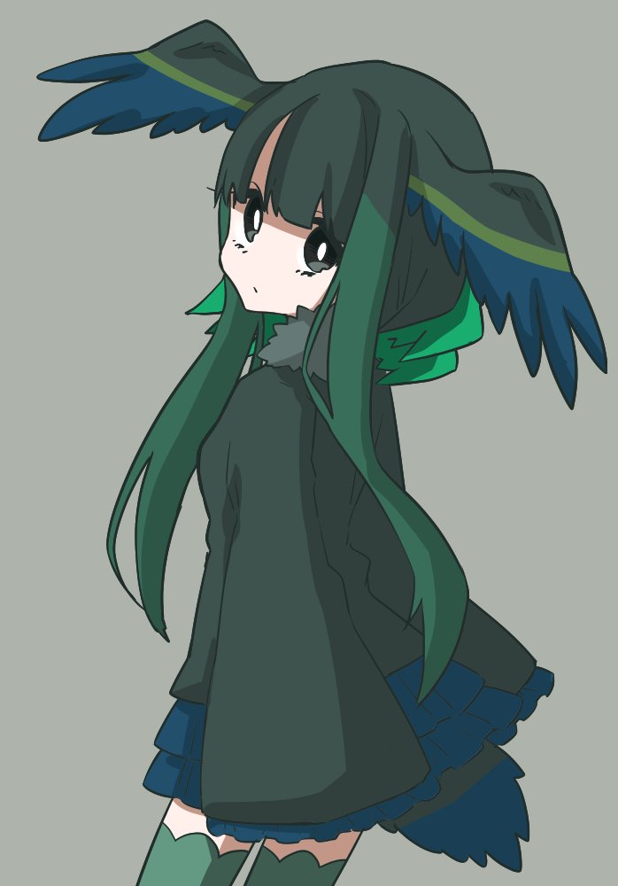 1girl bangs bird_tail bird_wings blue_hair commentary_request frilled_skirt frilled_sleeves frills fur_collar green_hair green_ibis_(kemono_friends)_(petit_ramune) head_wings kemono_friends long_hair long_sleeves looking_at_viewer multicolored_hair original petit_ramune sidelocks skirt solo thigh-highs wings zettai_ryouiki