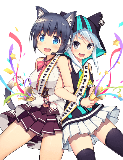 2girls bell confetti daibouken!_yukeyuke_osawari_island dress eyebrows_visible_through_hair grey_eyes hood hoodie ichigo_(daibouken!_yukeyuke_osawari_island) light_blue_hair microphone midriff_peek miniskirt multiple_girls nigo_(daibouken!_yukeyuke_osawari_island) nontan open_mouth panties panty_peek party_popper skirt tagme thigh-highs underwear