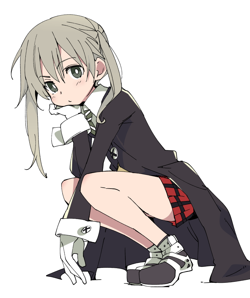 1girl gloves grey_eyes grey_hair ixy long_sleeves looking_at_viewer maka_albarn plaid plaid_skirt red_skirt short_hair simple_background skirt solo soul_eater squatting twintails white_background white_gloves