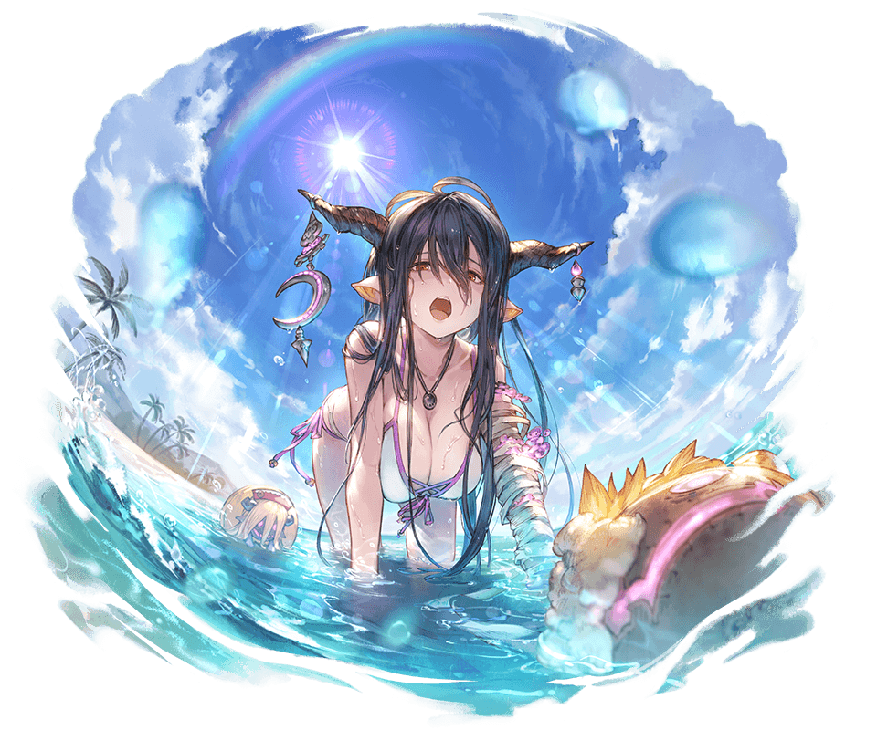 1girl all_fours alpha_transparency antenna_hair bandage bandaged_arm bandages beach bikini black_hair blue_sky blush breasts cleavage clouds collarbone crescent danua day doll draph front-tie_bikini front-tie_top granblue_fantasy gretel_(granblue_fantasy) hair_between_eyes hanging_breasts hansel_(granblue_fantasy) horn_ornament horns jewelry large_breasts long_hair looking_at_viewer minaba_hideo necklace ocean official_art open_mouth outdoors palm_tree pointy_ears rainbow red_eyes side-tie_bikini sky solo sun swimsuit transparent_background tree upper_teeth water wet wet_hair white_bikini