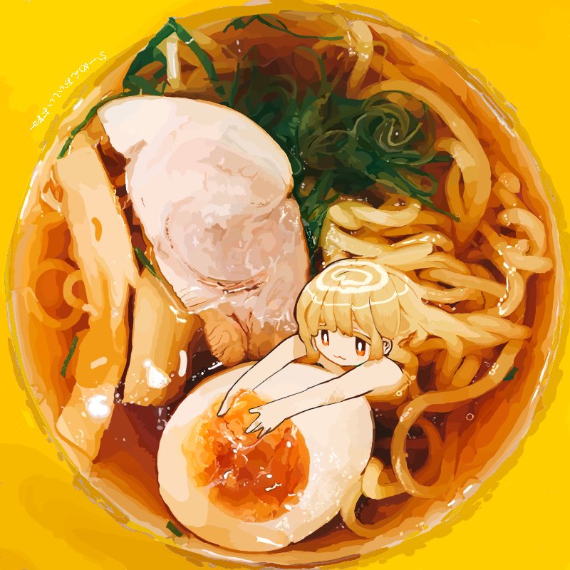 1girl :3 bird blonde_hair bowl chicken egg eguchi_saan food hardboiled_egg noodles original partially_submerged shiny shiny_hair simple_background solo soup yellow_background