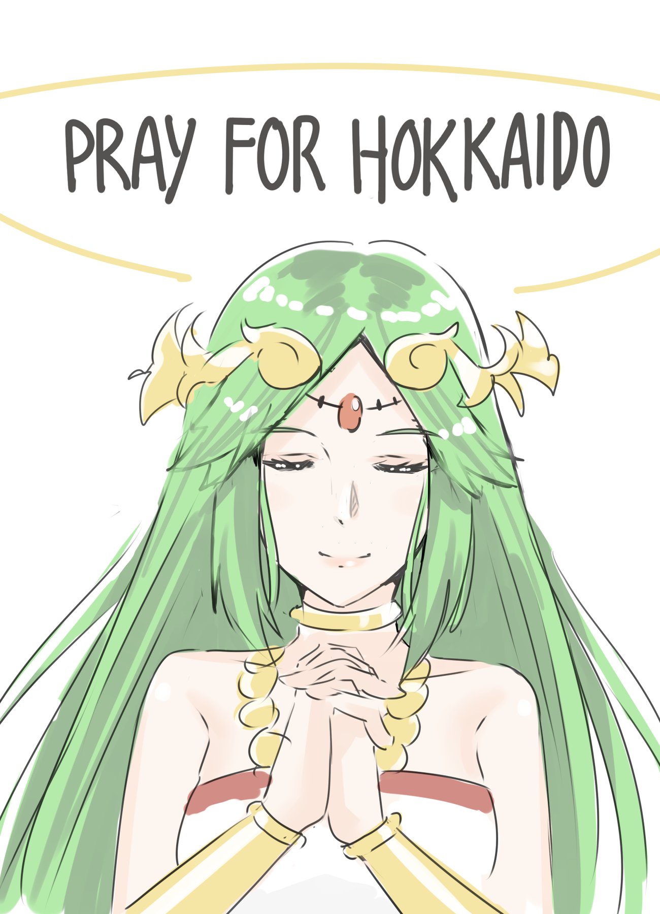 1girl bare_arms bare_shoulders closed_eyes dress goddess green_eyes green_hair highres j@ck jewelry kid_icarus kid_icarus_uprising long_hair nintendo palutena praying smile solo tiara very_long_hair