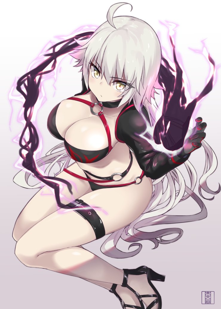 1girl ahoge bangs belt bikini black_bikini black_choker black_fire black_gloves black_jacket breasts choker cleavage closed_mouth collarbone cropped_jacket dragon fate/grand_order fate_(series) fire gloves high_heels hips jacket jeanne_d'arc_(alter_swimsuit_berserker) jeanne_d'arc_(fate)_(all) large_breasts legs long_hair looking_at_viewer murio o-ring o-ring_bikini silver_hair simple_background solo swimsuit thigh_strap thighs very_long_hair waist white_background yellow_eyes