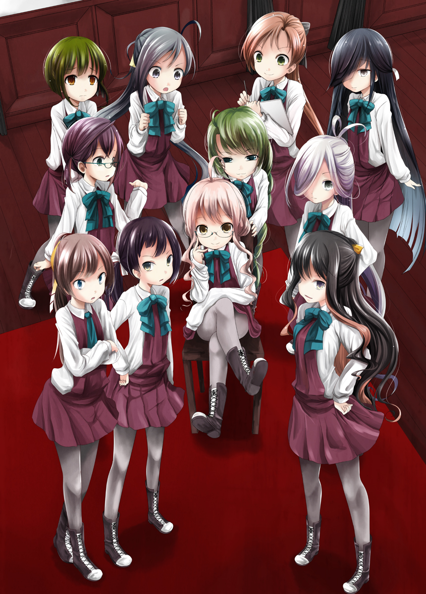 6+girls :3 adjusting_eyewear ahoge akigumo_(kantai_collection) aqua_eyes asashimo_(kantai_collection) black_hair blue_eyes boots bow braid brown_eyes brown_hair clenched_hands cross-laced_footwear crossed_arms fujinami_(kantai_collection) gradient_hair green_eyes green_hair grey_eyes grey_hair hair_over_one_eye hair_ribbon hand_on_hip hayashimo_(kantai_collection) highres jacket kantai_collection kazagumo_(kantai_collection) kiyoshimo_(kantai_collection) kurona legs_crossed long_hair looking_at_viewer makigumo_(kantai_collection) multicolored_hair multiple_girls naganami_(kantai_collection) okinami_(kantai_collection) open_mouth pantyhose pencil pink_hair ponytail purple_hair ribbon short_hair side_ponytail silver_hair single_braid sketchbook smile takanami_(kantai_collection) yellow_eyes yuugumo_(kantai_collection)