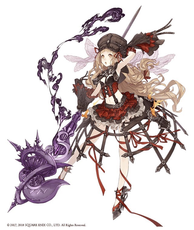1girl :o blonde_hair breasts bustier frilled_skirt frills full_body gloves hand_behind_head hat high_heels holding holding_staff ji_no little_red_riding_hood_(sinoalice) long_hair midriff navel official_art platform_footwear ribbon sinoalice skirt small_breasts solo staff very_long_hair white_background yellow_eyes