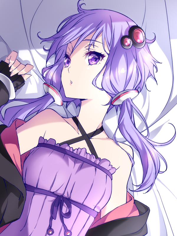 1girl bangs bare_shoulders bed blanket collarbone commentary_request criss-cross_halter dress female from_above hair_ornament halterneck hand_up highres lavender_hair long_hair looking_at_viewer low_twintails lying neck off_shoulder on_back on_bed parted_lips purple_dress purple_hair rei_no_himo shade sleeves_past_wrists solo tasikanamanzok twintails upper_body violet_eyes voiceroid yuzuki_yukari