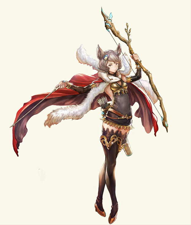 1girl animal_ears arrow black_legwear bow_(weapon) breasts brown_footwear cape detached_sleeves erune fur_trim granblue_fantasy grey_hair hair_ornament holding holding_arrow holding_bow_(weapon) holding_weapon looking_at_viewer official_style quiver red_cape short_hair simple_background small_breasts solo sutera_(granblue_fantasy) thigh-highs tokiemon_gogogo weapon