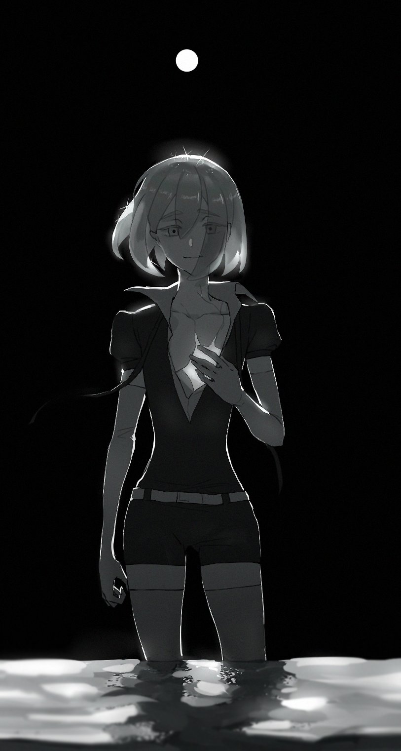 1other androgynous black_background colored_eyelashes crack cracked diamond_(houseki_no_kuni) elbow_gloves eyebrows_visible_through_hair eyes_visible_through_hair full_moon gem_uniform_(houseki_no_kuni) gloves hand_on_own_chest highres houseki_no_kuni looking_at_viewer monochrome moon open_clothes open_shirt partially_submerged sad_smile short_hair smile solo sparkle thigh-highs water