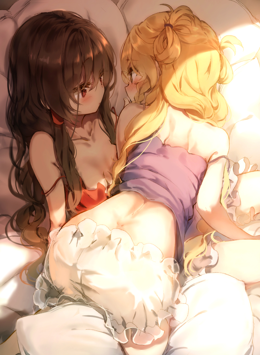 2girls all_fours alternate_hairstyle arm_support ass bangs bare_arms bare_shoulders bed blonde_hair bloomers blush braid breasts brown_hair camisole collarbone commentary_request eye_contact eyebrows_visible_through_hair feet_out_of_frame hair_tubes hakurei_reimu kirisame_marisa long_hair looking_at_another medium_breasts midriff multiple_girls no_hat no_headwear pillow piyokichi red_eyes sidelocks single_braid sitting strap_slip touhou two_side_up underwear white_bloomers yellow_eyes yuri