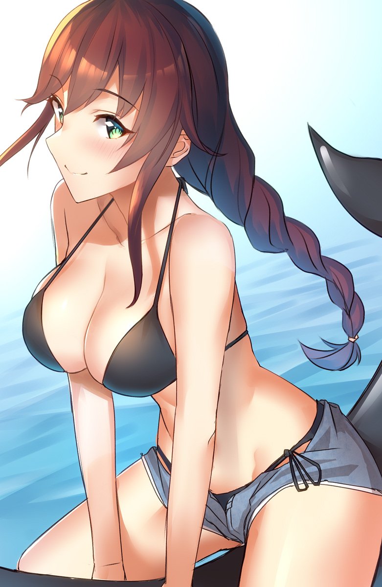 1girl alternate_costume alternate_hairstyle bangs bare_shoulders bikini black_bikini blush braid breasts brown_hair cleavage collarbone day eyebrows_visible_through_hair green_eyes groin highres kantai_collection large_breasts leaning_forward long_hair looking_at_viewer mounting noshiro_(kantai_collection) open_clothes open_shorts outdoors pallad short_shorts shorts sidelocks single_braid smile solo stomach swept_bangs swimsuit thighs water