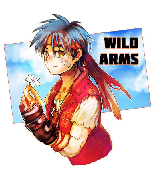 1boy blue_hair closed_mouth commentary_request denim gloves headband jacket looking_at_viewer male_focus red_headband red_vest rody_roughnight short_hair solo vest wild_arms wild_arms_1