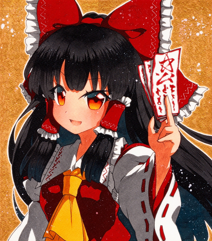 1girl bangs bare_shoulders black_hair bow breasts collar dress eyebrows_visible_through_hair hair_tubes hakurei_reimu hand_up long_hair long_sleeves looking_at_viewer medium_breasts multicolored multicolored_eyes open_mouth orange_background orange_eyes qqqrinkappp red_bow red_dress red_eyes shikishi smile solo touhou traditional_media white_collar white_sleeves yellow_eyes yellow_neckwear