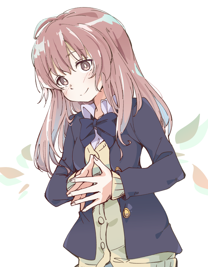 1girl blush bow bowtie brown_eyes brown_hair cardigan eyebrows_visible_through_hair ixy jacket koe_no_katachi long_hair nishimiya_shouko school_uniform smile solo steepled_fingers