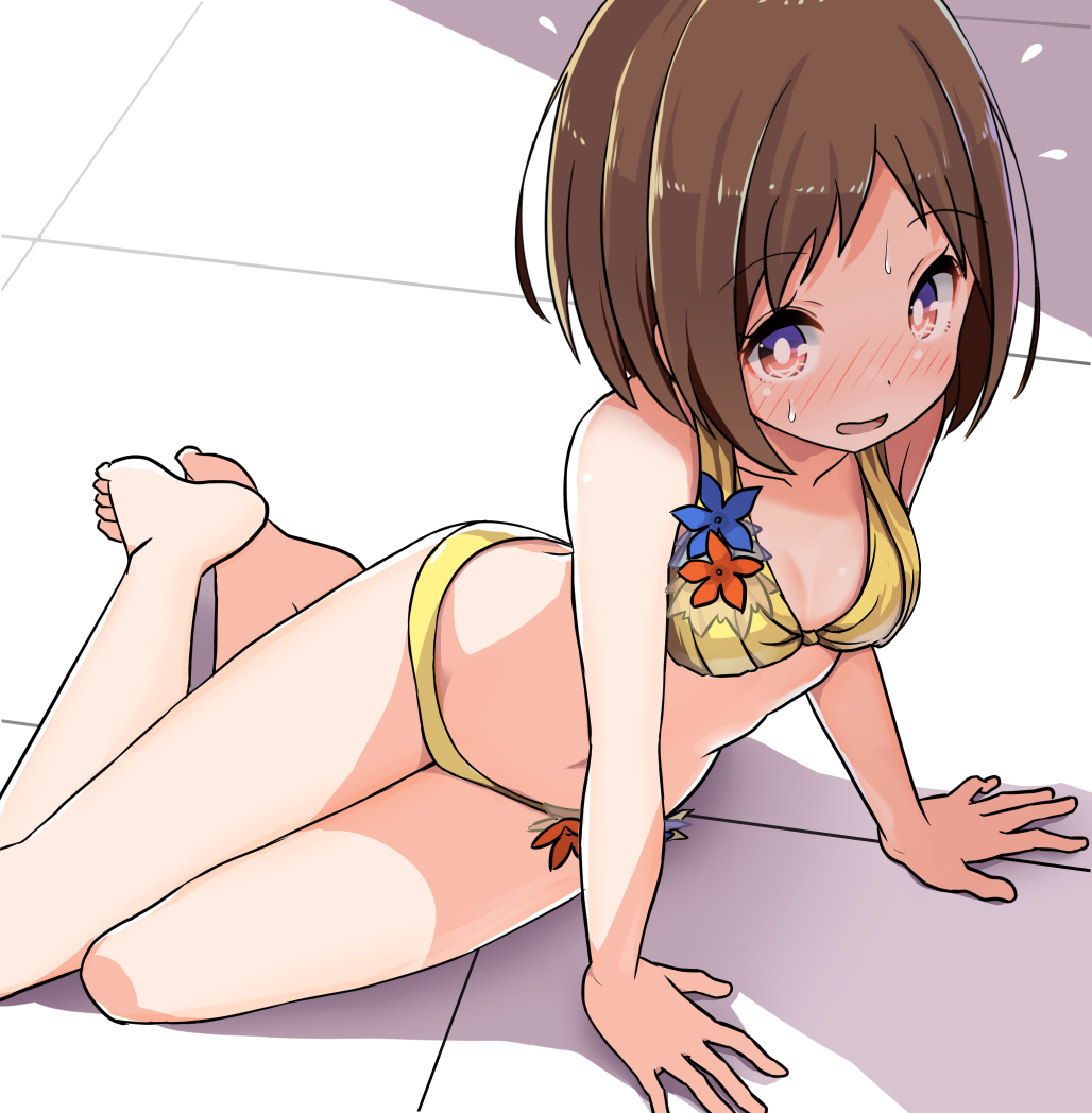 1girl arm_support bang_dream! bangs bare_arms bare_legs bare_shoulders barefoot blush breasts brown_eyes brown_hair collarbone commentary_request eyebrows_visible_through_hair hazawa_tsugumi multicolored multicolored_eyes nose_blush parted_lips shipii_(jigglypuff) short_hair small_breasts solo tile_floor tiles violet_eyes wet yellow_background