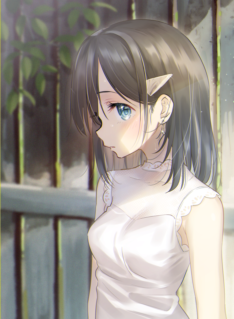 1girl :o arms_at_sides bare_shoulders black_hair blue21 blue_eyes blurry blurry_background blush breasts collarbone day depth_of_field earrings gate glint hair_between_eyes hair_ornament hairclip jewelry leaf long_hair looking_away medium_breasts original outdoors parted_lips shirt sleeveless sleeveless_shirt solo upper_body white_shirt