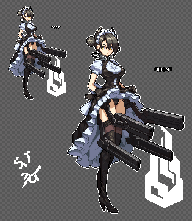 1girl agent_(girls_frontline) artist_request black_hair boots double_bun frilled_skirt frills girls_frontline gloves gun high_heel_boots high_heels knee_boots korean_commentary long_skirt maid maid_headdress panties pixel_art sangvis_ferri skirt skirt_set solo thigh-highs underwear weapon yellow_eyes